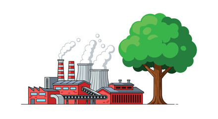 Naklejka premium A detailed red brick factory with conveyor belts and smoking chimneys stands beside a massive vibrant green oak-like tree in contrast.