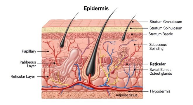 Detailed anatomical illustration of human skin layers and structures