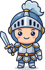 Naklejka premium Cute knight in armor holding a sword with a smiling face, cartoon-style illustration