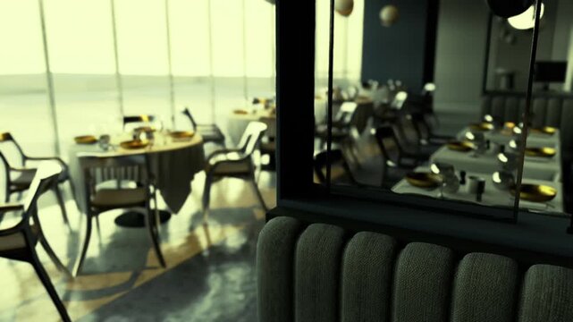 Reserved cozy corner with booth view and table setup, panoramic windows, folded napkins and reserved sign, soft afternoon light, corporate lunch or client