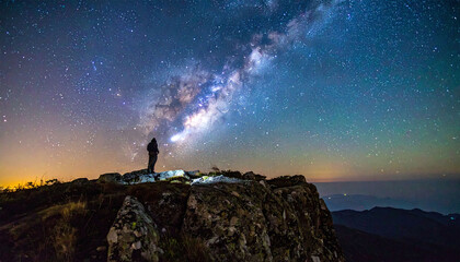 Fototapeta premium Witness a lone explorer on a rugged summit under a vibrant starry sky. This cinematic image captures the Milky Ways majesty, symbolizing wonder, discovery, and deep cosmic inspiration.