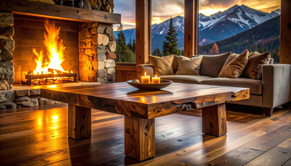 Naklejka premium Warm fire glows in a rustic stone fireplace within a luxury mountain lodge. Wide windows reveal snowy peaks at sunset, creating a serene, cozy atmosphere perfect for travel and decor brands.