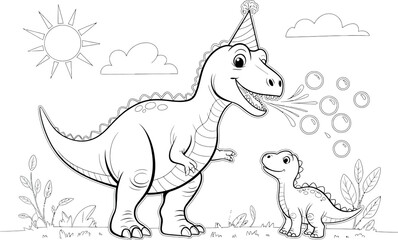 Happy dinosaurs celebrating birthday with bubbles and sun, line art for coloring book. © Ibrahim Khalal