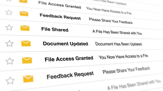 A video shows a close-up view of a computer screen displaying file management notifications including file shared document updated and file access granted