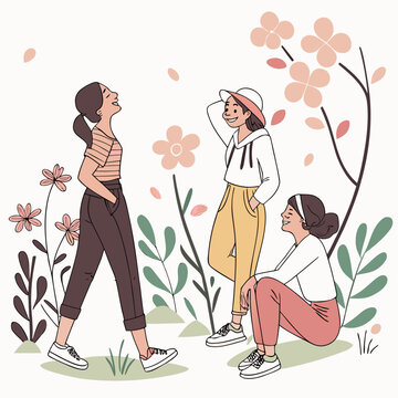 three women enjoying time together in a floral garden high quality