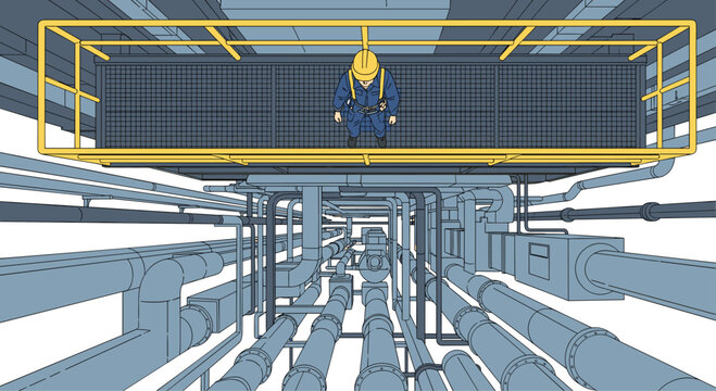 An engineer in a blue uniform and yellow helmet looks down from a high platform at a vast array of pipes in a refinery.