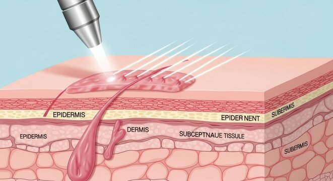 A medical illustration of a laser treatment on skin layers with epidermis, dermis, and subcutaneous tissue labeled
