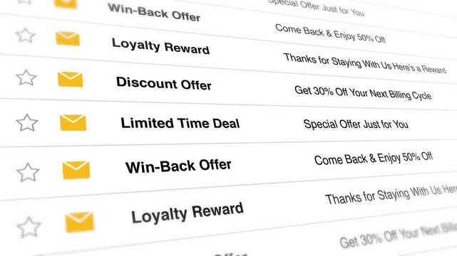 A video shows a close-up view of a computer screen displaying various email offer types on a marketing campaign dashboard