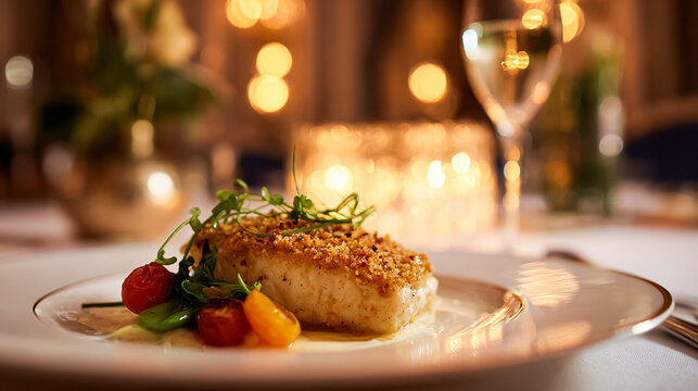 Elegant gourmet fish dish served in a luxury restaurant, offering a fine dining experience with warm bokeh lights