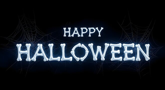 Happy halloween text made of white bones on dark background with glowing spider webs