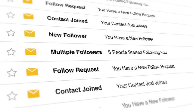 A video shows a close-up view of social media notifications on a mobile device screen with multiple follow requests and new follower alerts