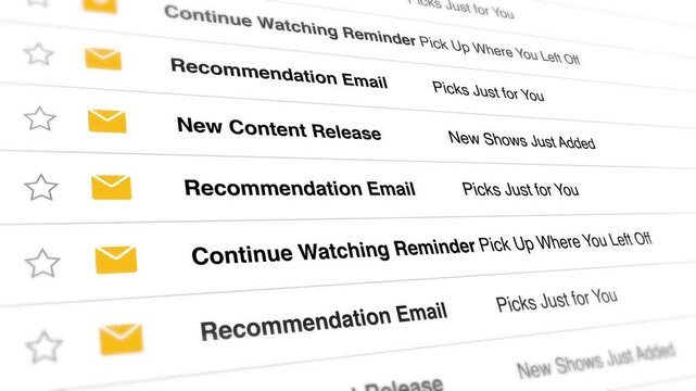 A video screenshot shows a list of email notifications for new content releases and recommendations on a digital platform