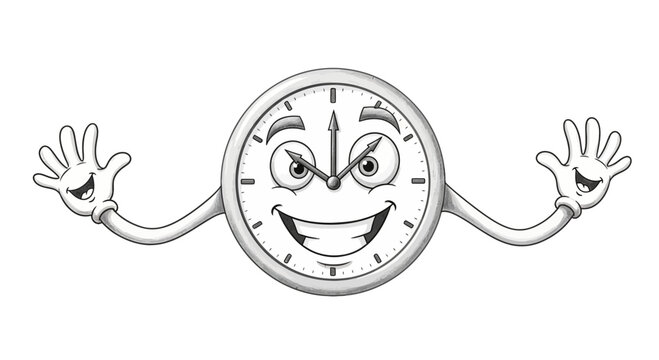 Funny cartoon clock character with arms and legs, expressing joy and excitement