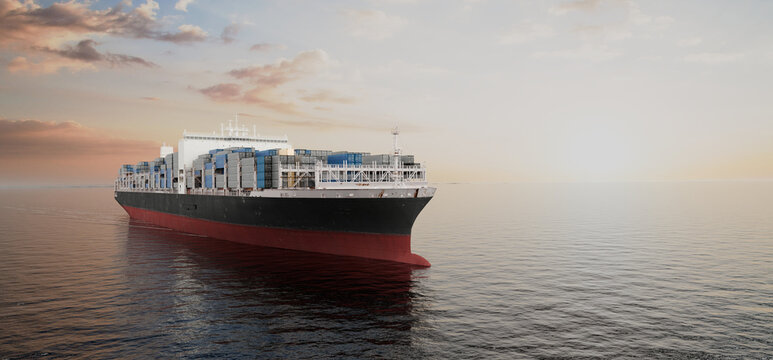 Container ship on ocean at sunset, global shipping and logistics