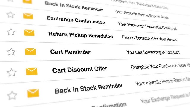 A video shows a close-up view of various email notifications for online shopping cart reminders and order confirmations on a computer screen.