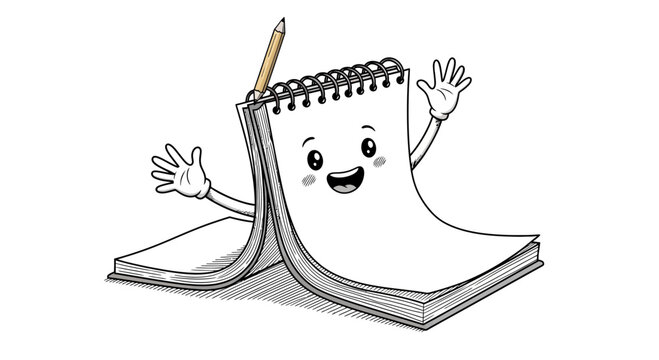 Happy Notebook Character with Pencil