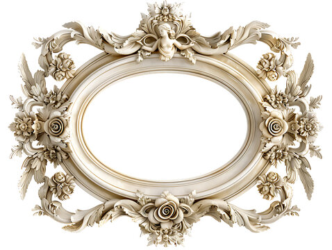 Ornate antique style oval frame featuring rococo carvings and cherub figure