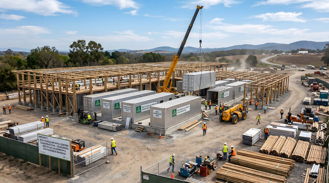 Green Data Center Construction: Wide shot of a "Modular" data center being built with "Recycled Aluminum" and "Bamboo" structures .