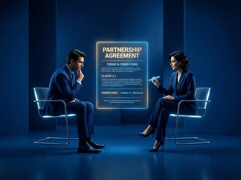 Business Professionals Reviewing Partnership Agreement on Futuristic Digital Screen