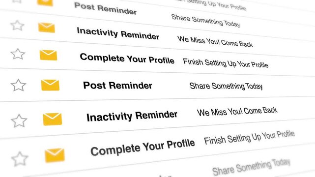 A video shows a close-up view of a computer screen displaying various email notifications including inactivity reminders post reminders and complete your profile alerts on a white background.