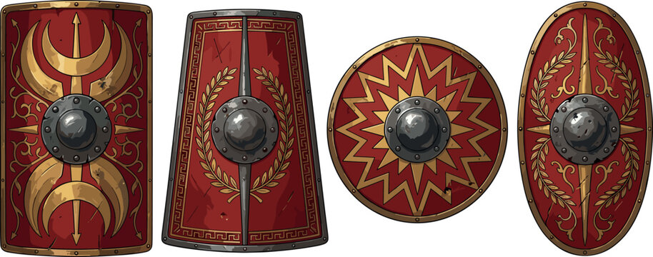 A detailed collection of four ancient Roman military shields featuring the rectangular scutum, parma round shield