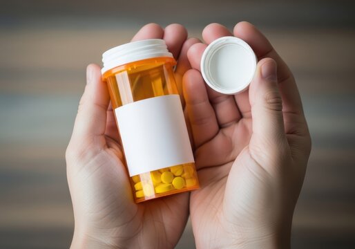 A hand holding a pill bottle with a white label