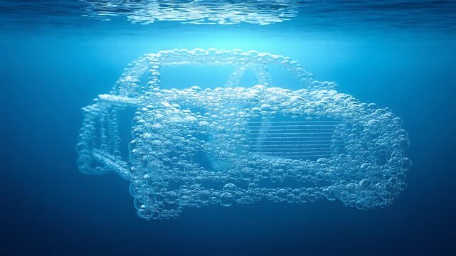 Futuristic hydrogen car silhouette formed by glowing bubbles underwater representing clean energy and zero emission engine