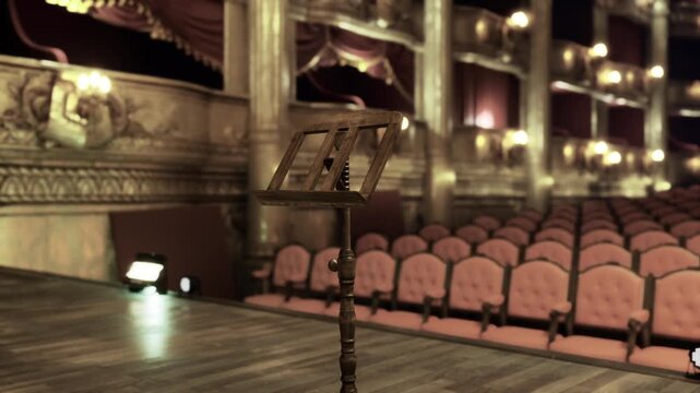 Stage edge with music stand and empty auditorium beyond, warm house lights and gilded balconies frame silent scene, poised stillness before curtain call