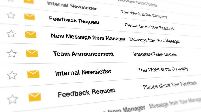 A video shows an inbox with multiple unread emails and messages including team announcements and internal newsletters on a computer screen