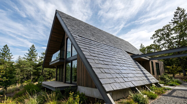 Solar Roof Tiles: A low-angle architectural shot of "Textured Solar Shingles" on a modern house, looking like traditional slate but with hidden cells.