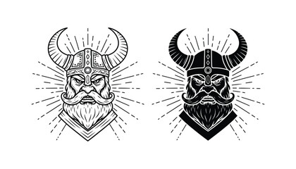 Viking warrior head with horned helmet icon set in outline and solid black silhouette styles for historical or fantasy gaming mascot designs © Mystic