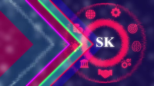 Abstract digital background featuring glowing neon chevron arrows and a circular interface with business and technology representing global