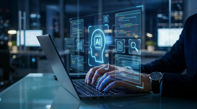 AI coding tool. Assisting software development and automating tasks. Programmer using AI to generate code for creating applications on laptop.