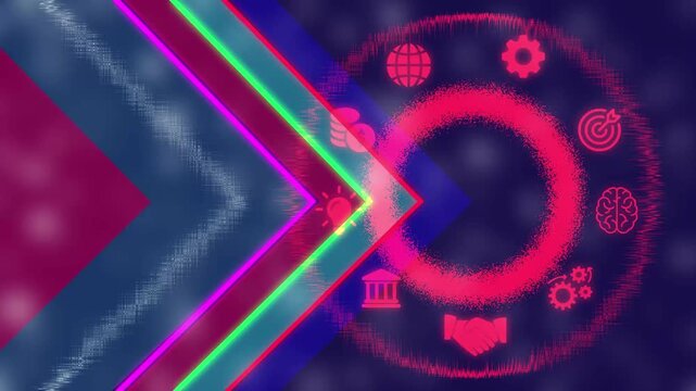 Abstract digital background featuring glowing neon chevron arrows and a circular interface with business representing global communication