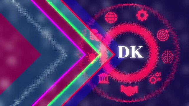 Abstract digital background featuring neon glowing chevron arrows and a circular interface with business and technology representing global