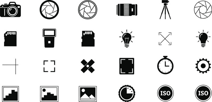 Photography gear icons define camera settings.