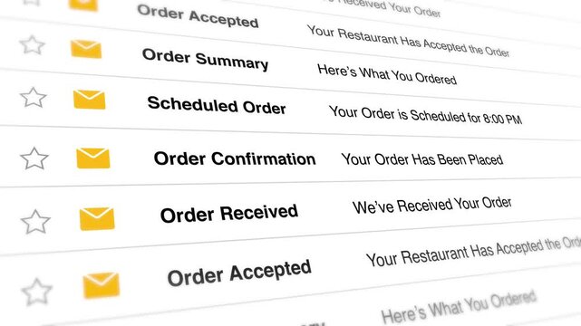 A video shows a close-up of various order confirmation emails on a computer screen with yellow icons and black text.