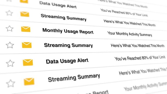 A video shows a close-up view of a computer screen displaying various data usage reports and alerts on a webpage