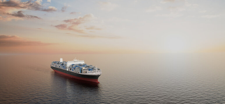 Container ship on ocean at sunset, global shipping and logistics