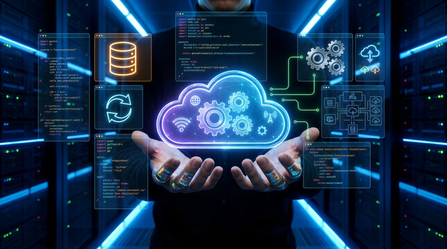 Cloud native development. Programmer developing applications for cloud computing. Cloud icon and source code illustrations.