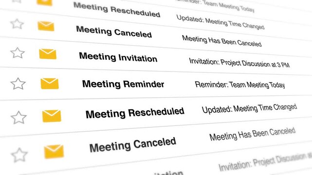 Digital email interface displaying numerous business meeting notifications and scheduling updates in a vertical list format for effective task management during corporate workflow in this high quality