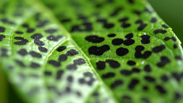 Macro shot of a green leaf with distinct black leopardlike spots