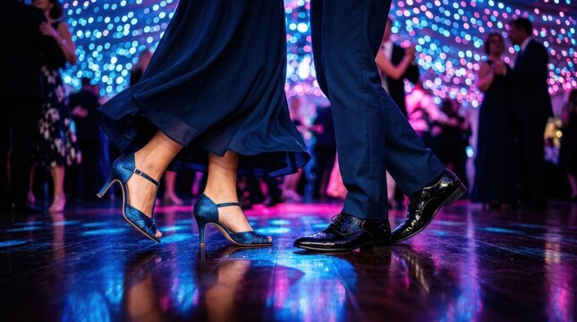 Elegant couple dancing at a formal event with sparkling lights
