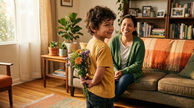 Young boy surprises mother with a bouquet of flowers behind his back