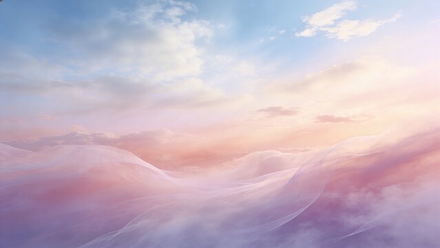 The serene landscape shows a pastel-colored cloudy sky at sunrise over rolling hills