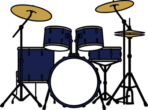 A detailed professional blue drum kit illustration featuring a large bass drum, two rack toms, one floor tom, a snare, and brass cymbals on hardware stands, isolated on a white background.