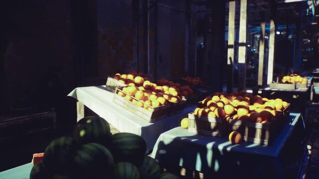 Vibrant egyptian street produce piled high with green melons and bright citrus on blue tables, weathered crates, sundappled pavement, ready for restaurant