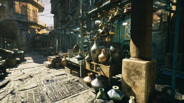Sunlit egyptian souk street lined with ceramic pots and vases on stone stalls, narrow cobbled pavement, warm golden light casting deep shadows, aged columns