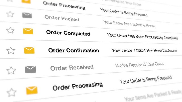 A video shows a close-up view of a computer screen displaying various order status updates including order confirmation processing and completion notifications on an ecommerce website