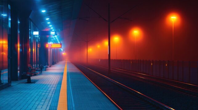 A foggy train station platform illuminated by orange and blue lights under a mysterious atmosphere